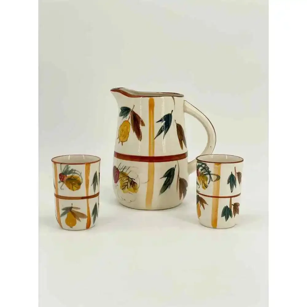Vintage Japan Autumn Pitcher Two Tumblers Jug Ceramic Acorn Pear Leaf Strawberry - Picture 4 of 6
